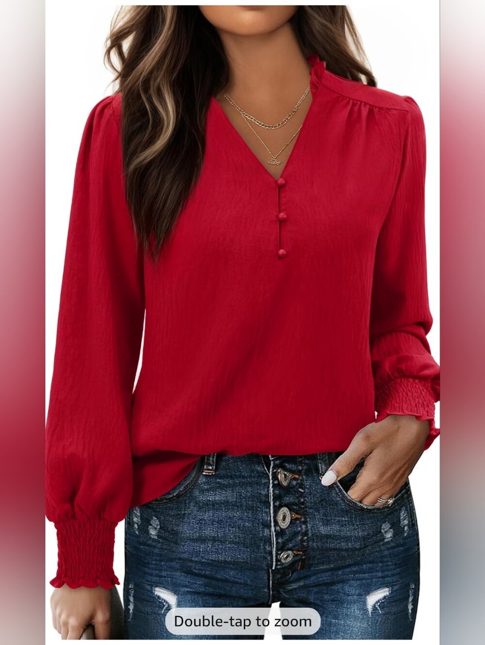 Women's Red V-Neck Long Sleeve Blouse